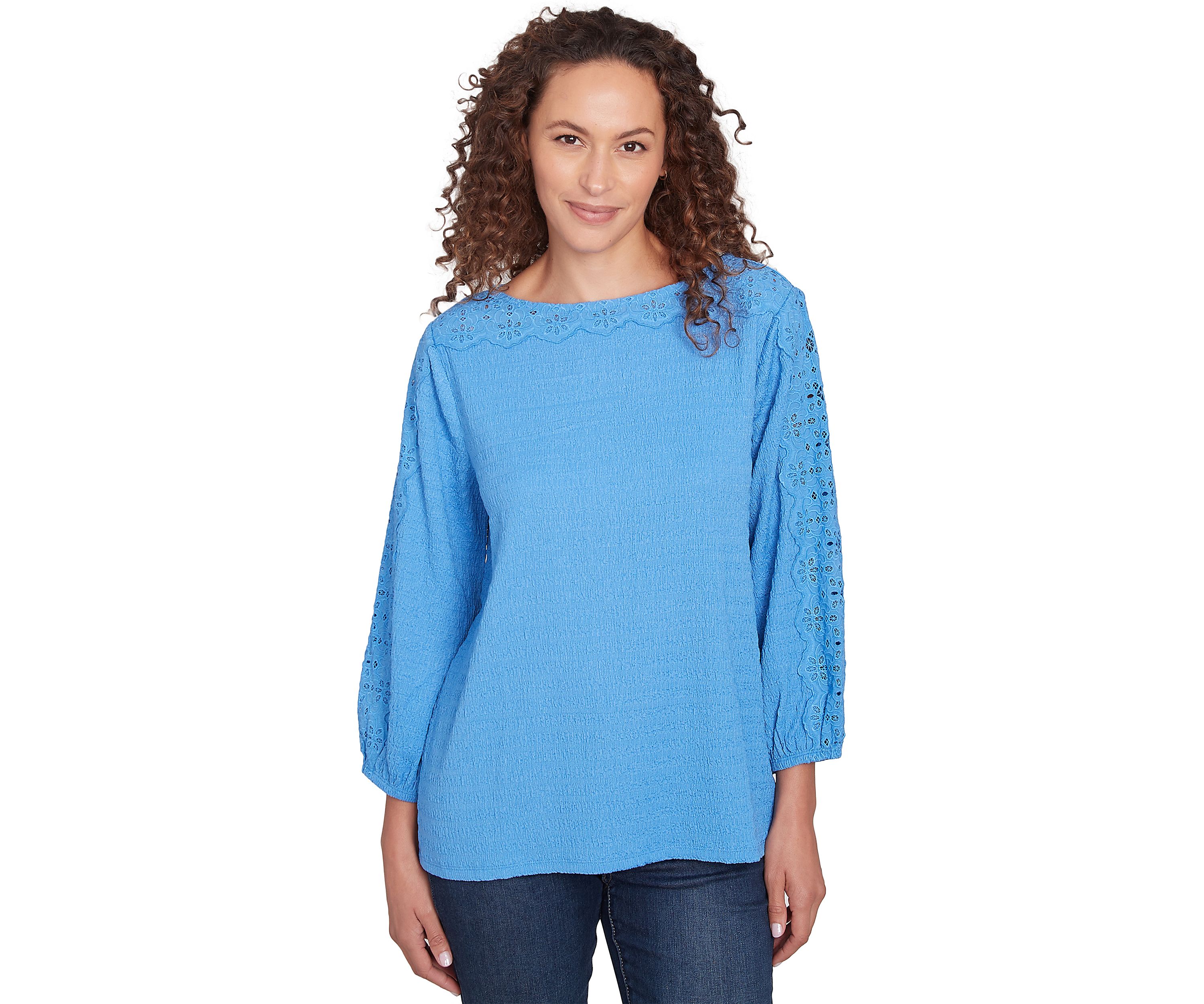 Womens Solid Textured Eyelet Sleeve Top