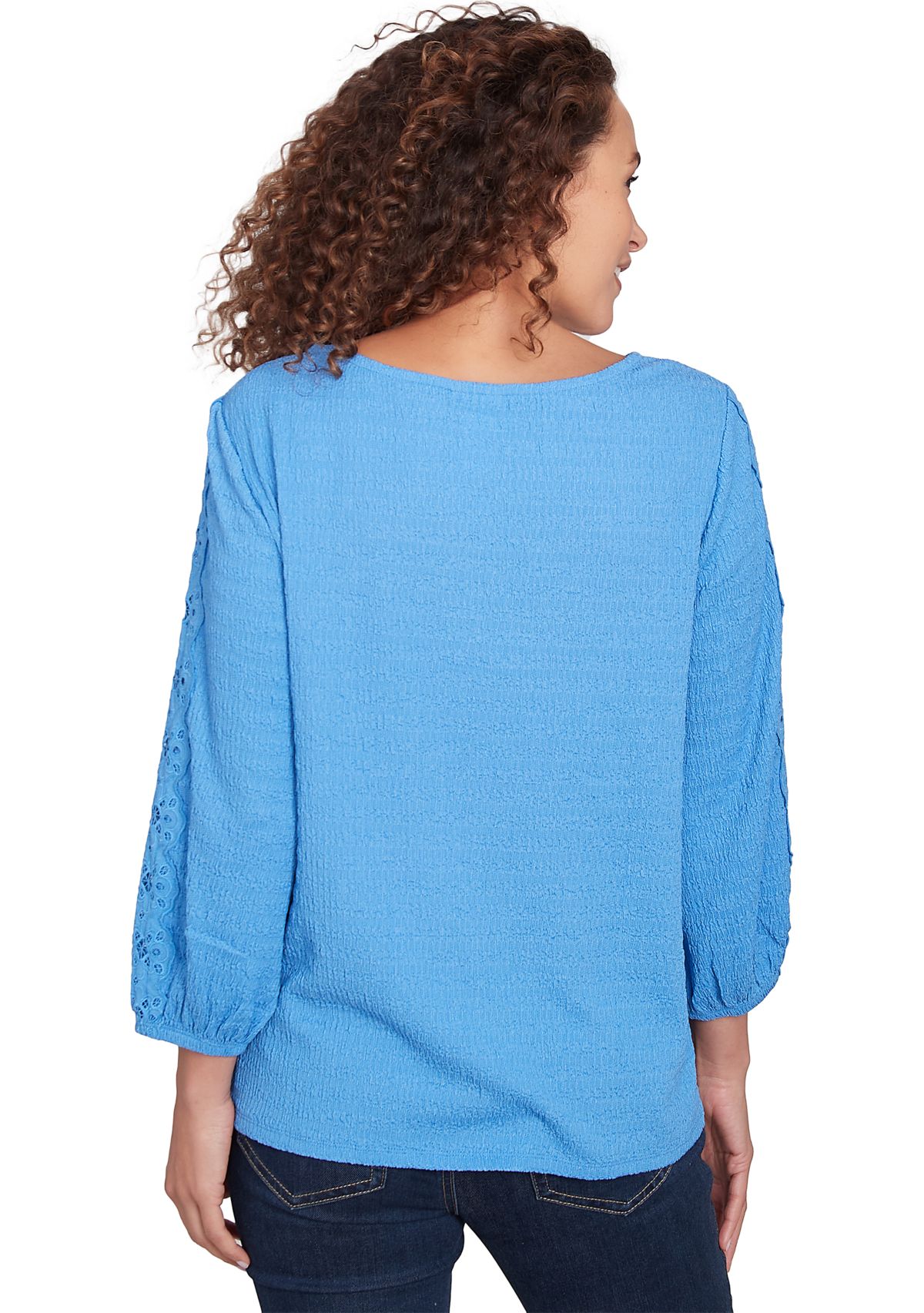 Womens Solid Textured Eyelet Sleeve Top