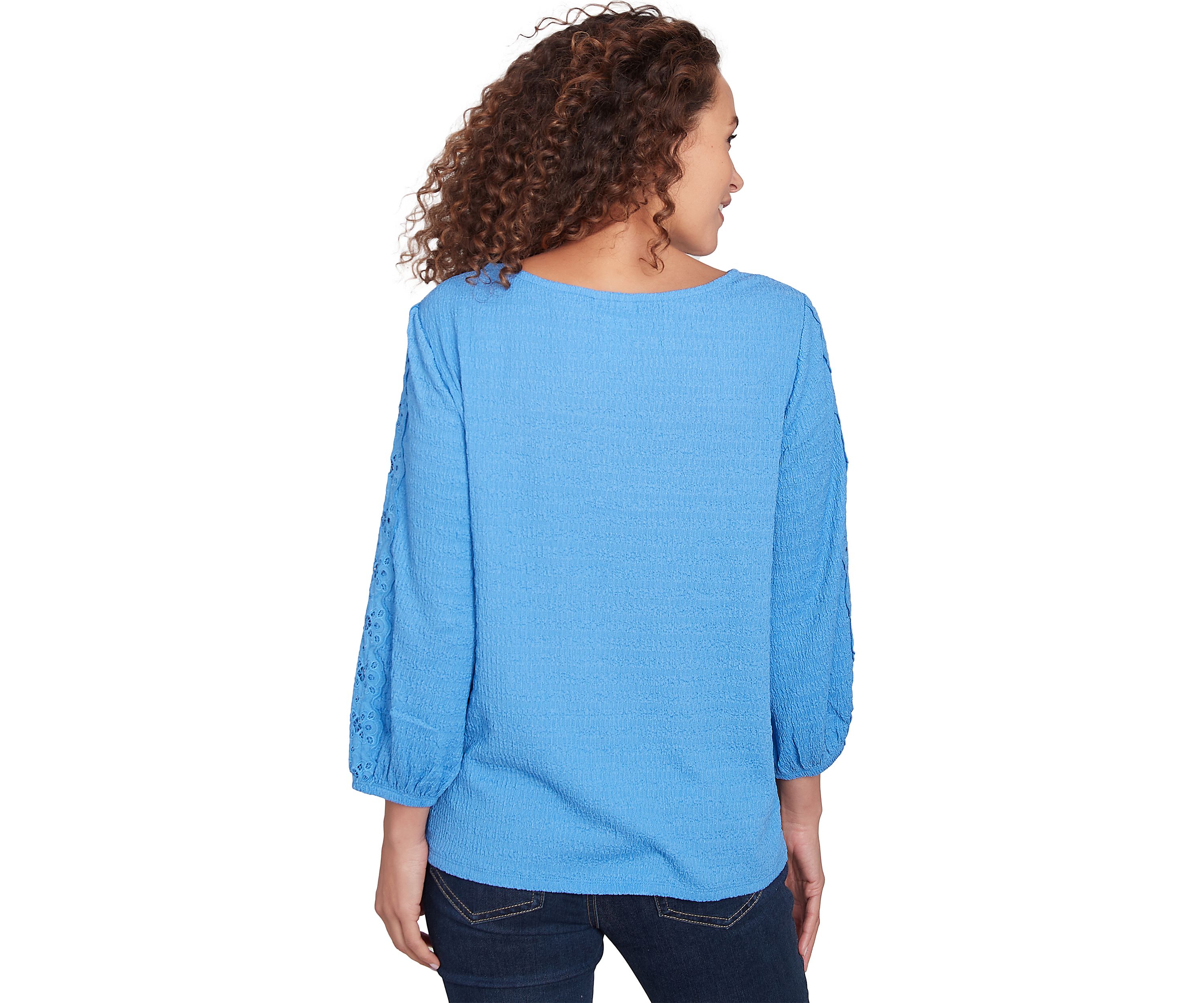 Womens Solid Textured Eyelet Sleeve Top
