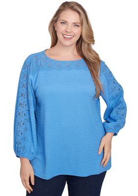 Ruby Rd Women's Plus Size Solid Textured Eyelet Sleeve Top