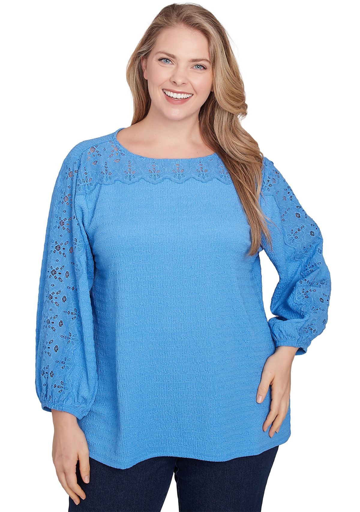 Plus Size Solid Textured Eyelet Sleeve Top