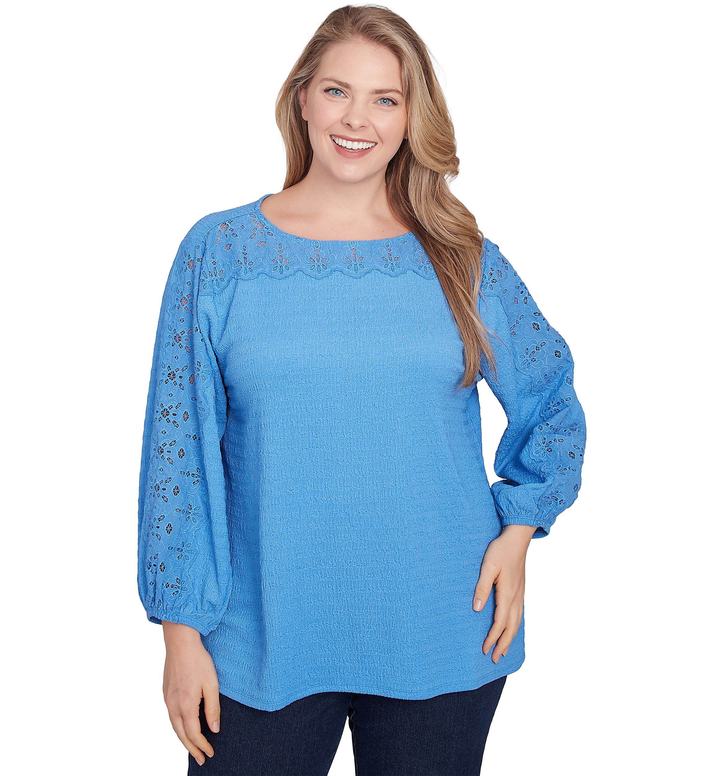 Plus Size Solid Textured Eyelet Sleeve Top