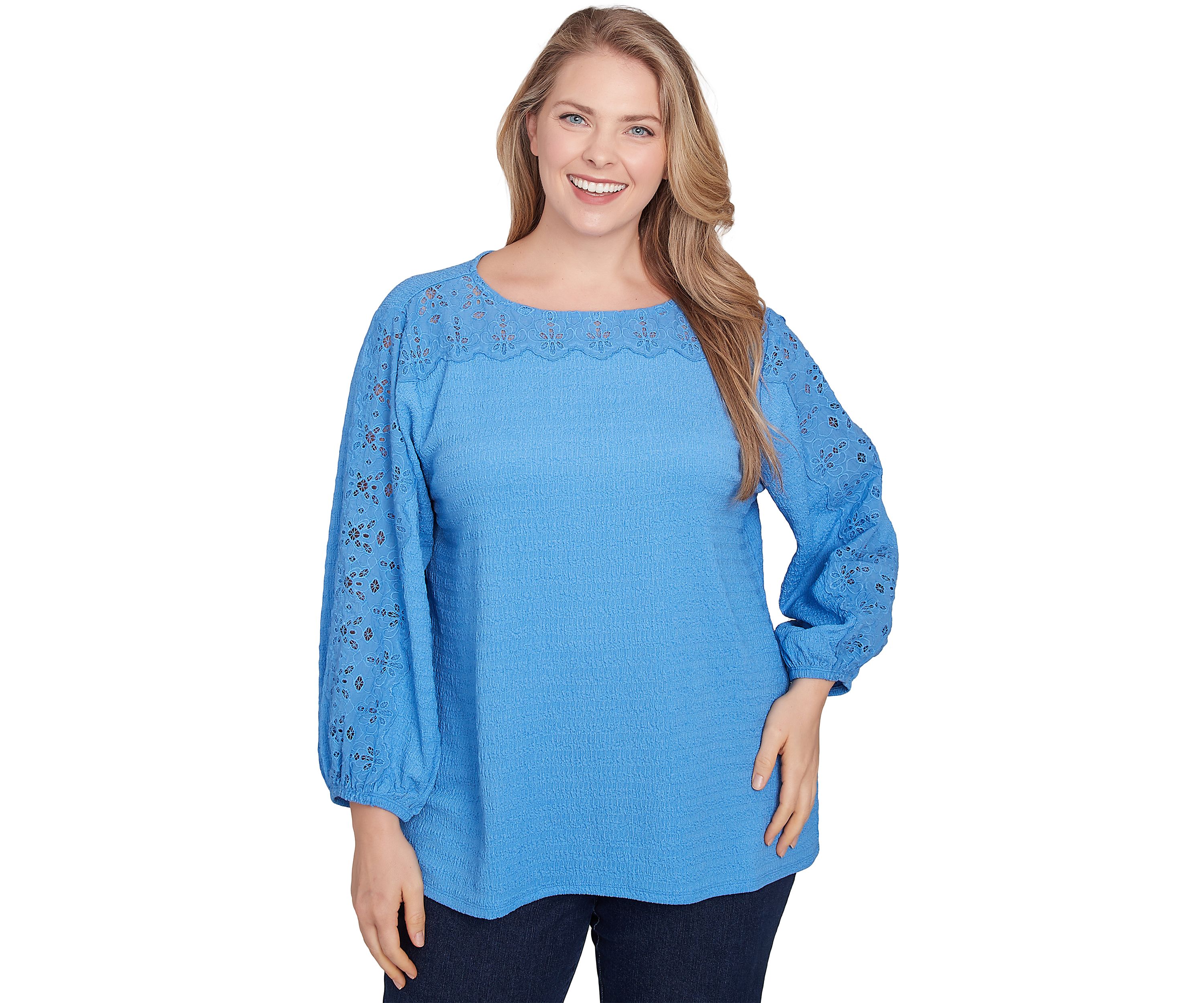 Plus Size Solid Textured Eyelet Sleeve Top