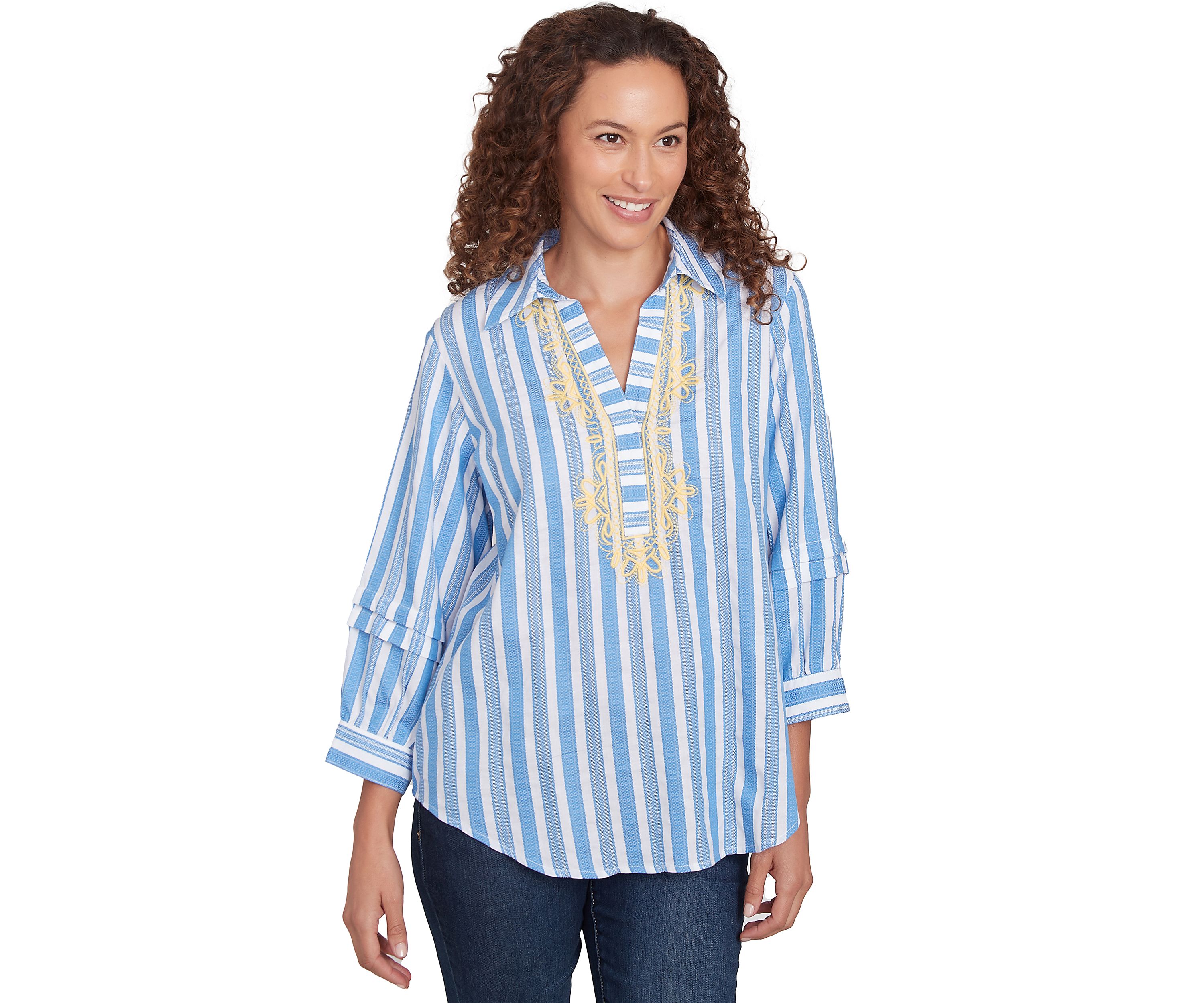 Petite Embroidered Dobby Stripe Top