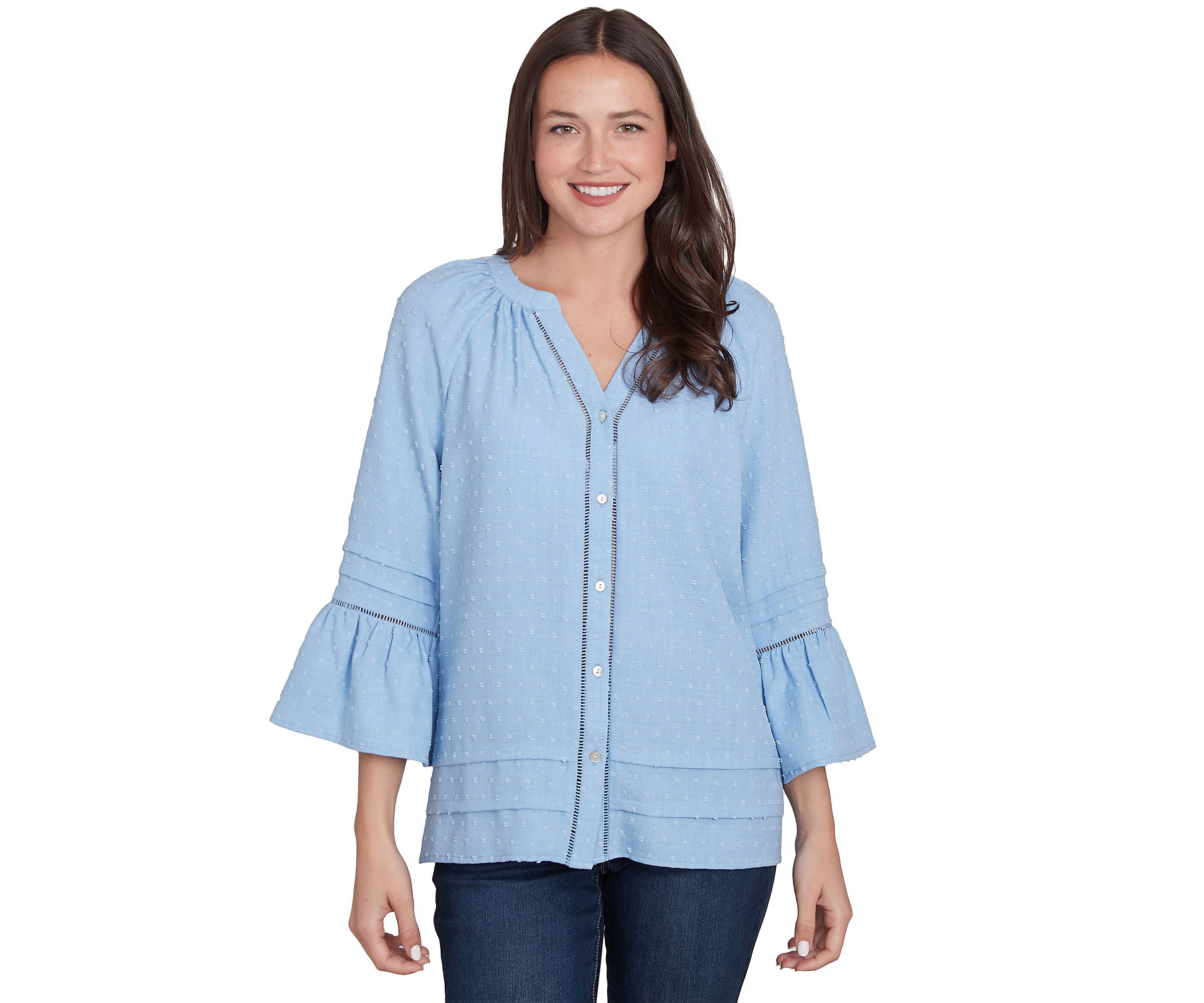 Petite Clip Dot Button Front Flared Sleeve Top