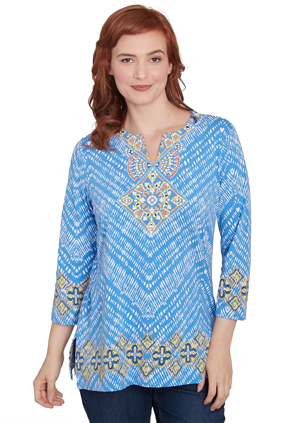 Petite Embellished Scoop Neck  Placement Printed Knit Top