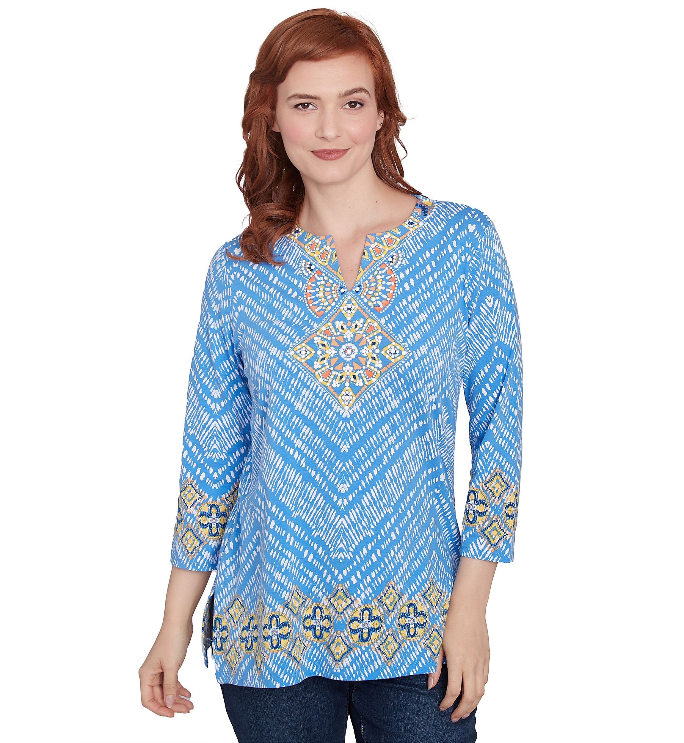 Petite Embellished Scoop Neck  Placement Printed Knit Top