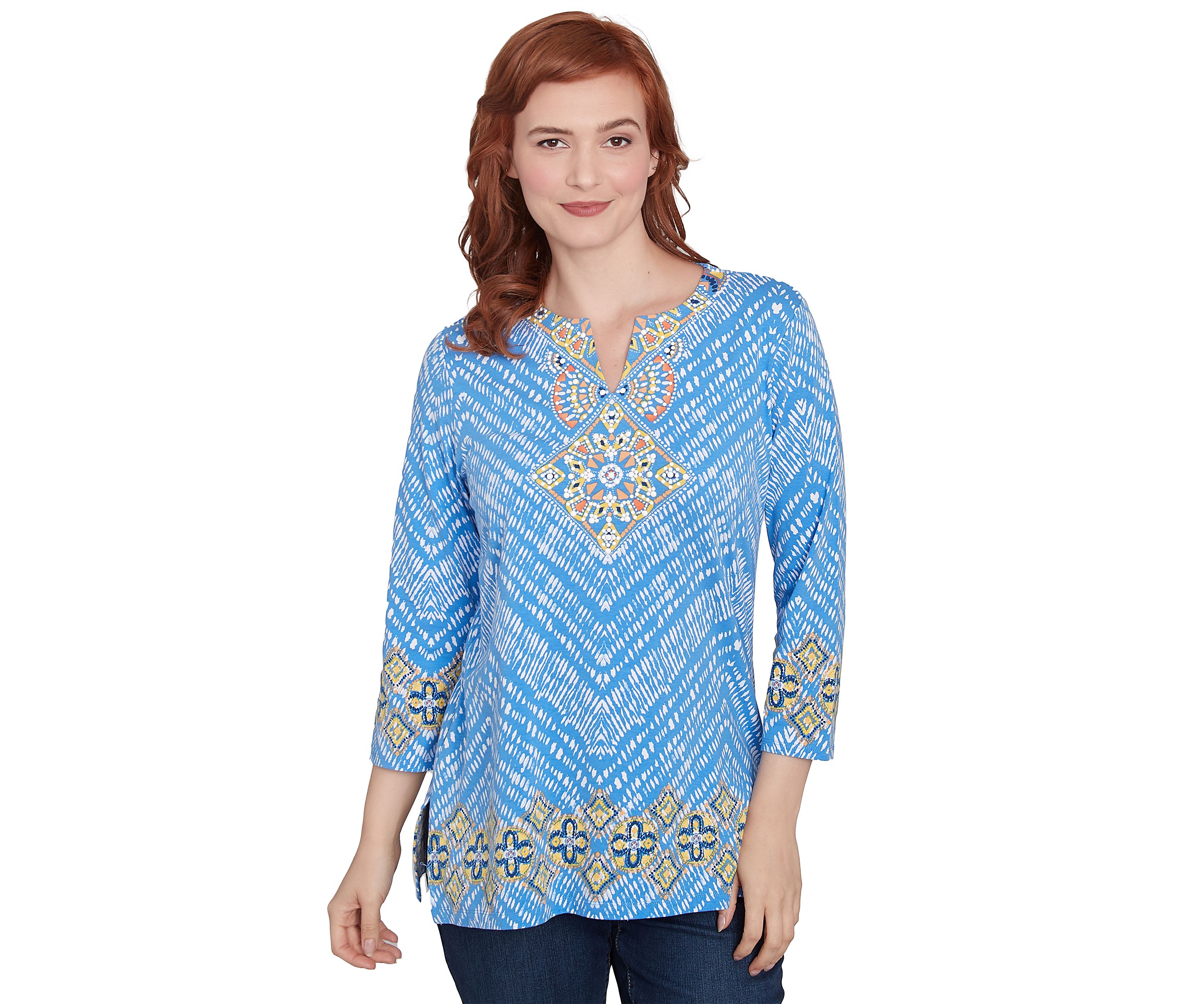 Petite Embellished Scoop Neck  Placement Printed Knit Top