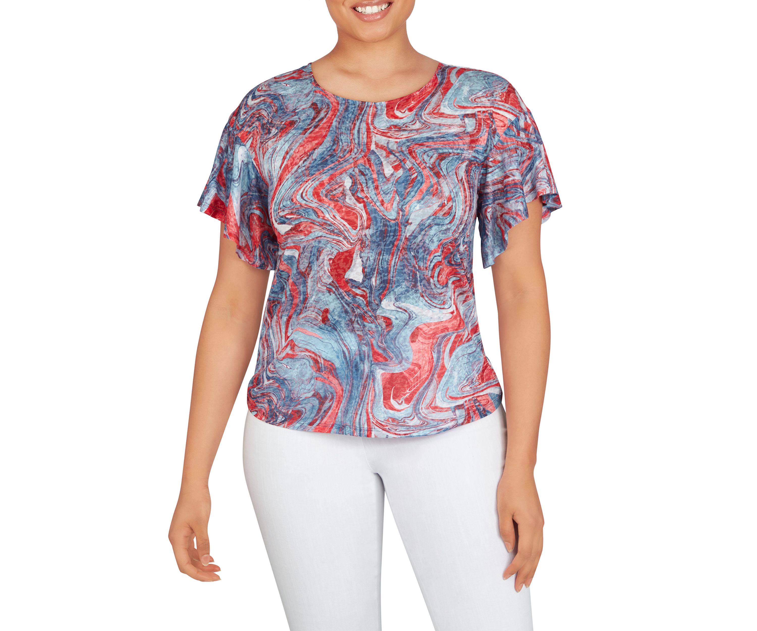 Womens Marbled Flutter Sleeve Top