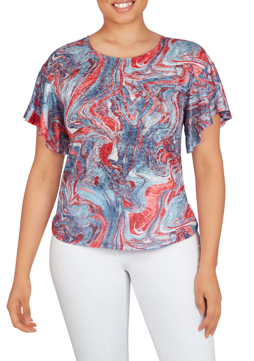 Womens Marbled Flutter Sleeve Top