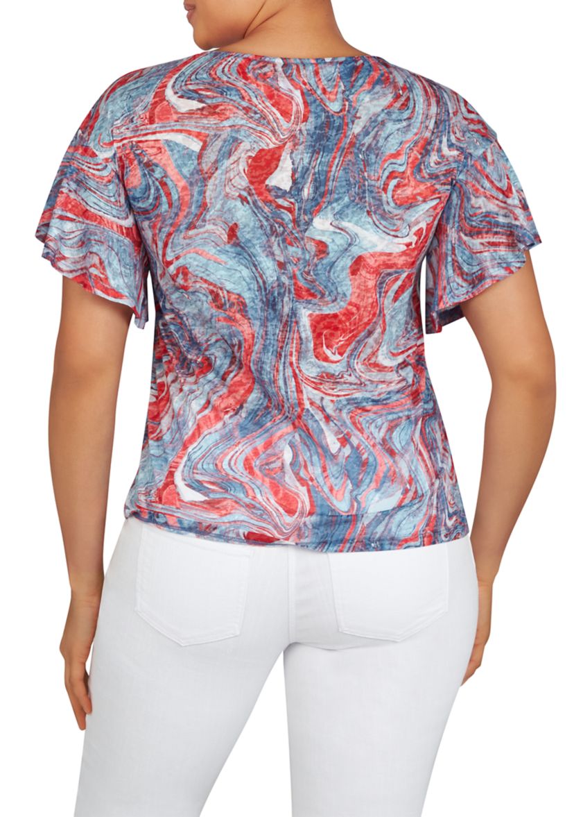 Womens Marbled Flutter Sleeve Top