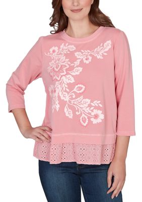Ruby Rd Women's Embroidered Terry Crew Neck Top, XL