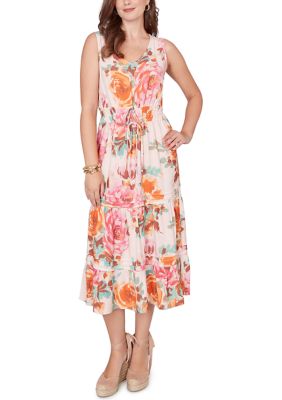 Ruby Rd Women's Drawstring Waist Floral Linen Tiered Dress, XL
