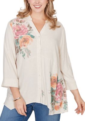 Ruby Rd Women's Plus Size Floral Print Linen Tunic Top