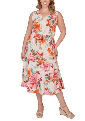 Ruby Rd Women's Plus Size Drawstring Waist Floral Linen Tiered Dress