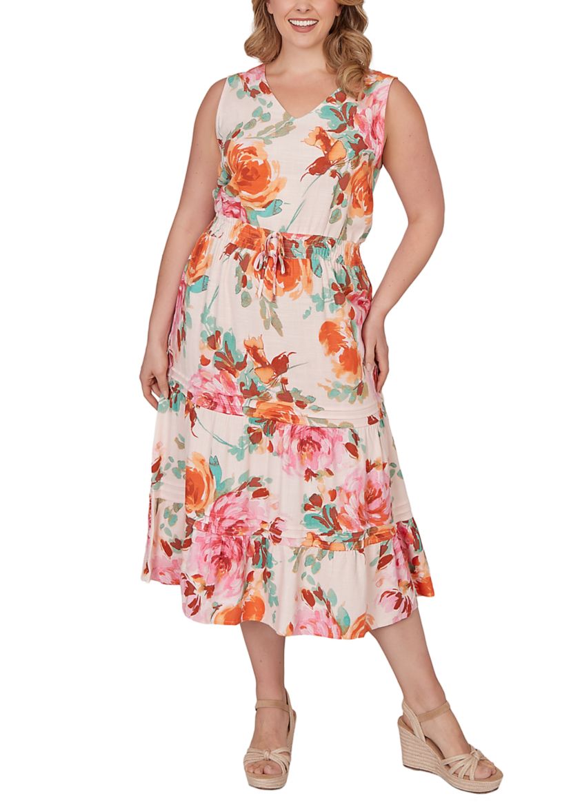 Ruby Rd. Plus Size Drawstring Waist Floral Linen Tiered Dress - Light Rose Multi - Size 3X