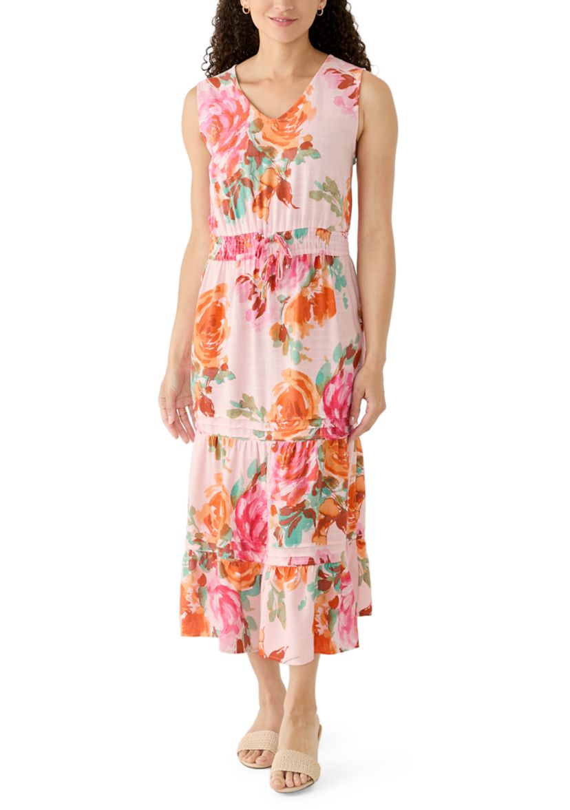 Ruby Rd Petite Drawstring Waist Floral Linen Tiered Dress | Belk