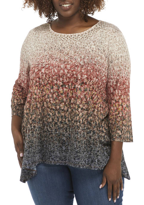 Plus Size Must Haves II Embellished Ombré Printed Burnout Top