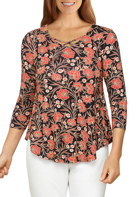 Ruby Rd Petite Floral Printed Criss-Cross Neckline Top