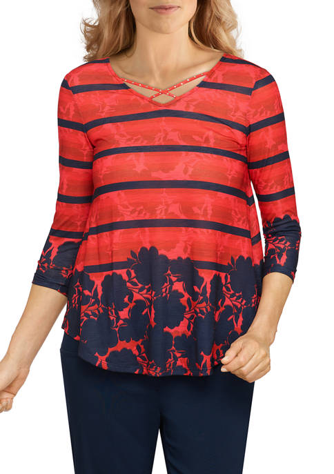 Ruby Rd Petite Embellished Floral Striped Top