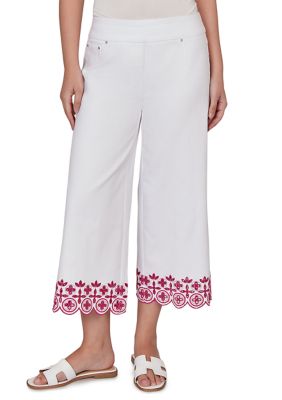 Ruby Rd Women's Embroidered Hem Colored Denim Pull On Capri