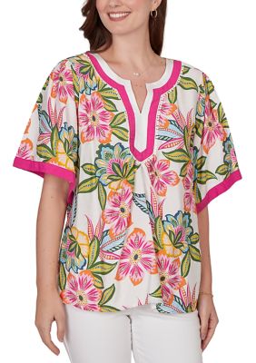 Ruby Rd Women's Tropical Floral Trim Detail Top