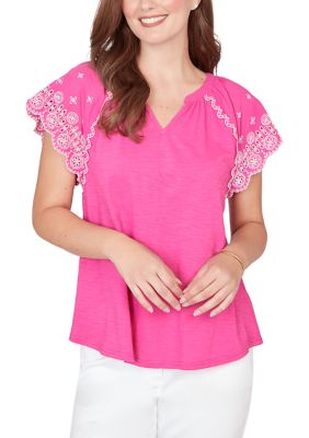 Ruby Rd Women's Embroidered Sleeve Slub Knit T-shirt