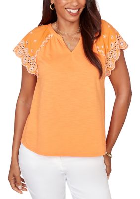 Ruby Rd Women's Embroidered Sleeve Slub Knit T-shirt, XL
