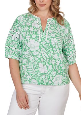 Ruby Rd Women's Plus Size Tropical Floral Trim Knit Top, 3X
