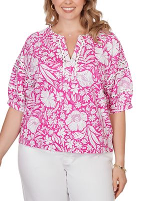 Ruby Rd Women's Plus Size Tropical Floral Trim Knit Top