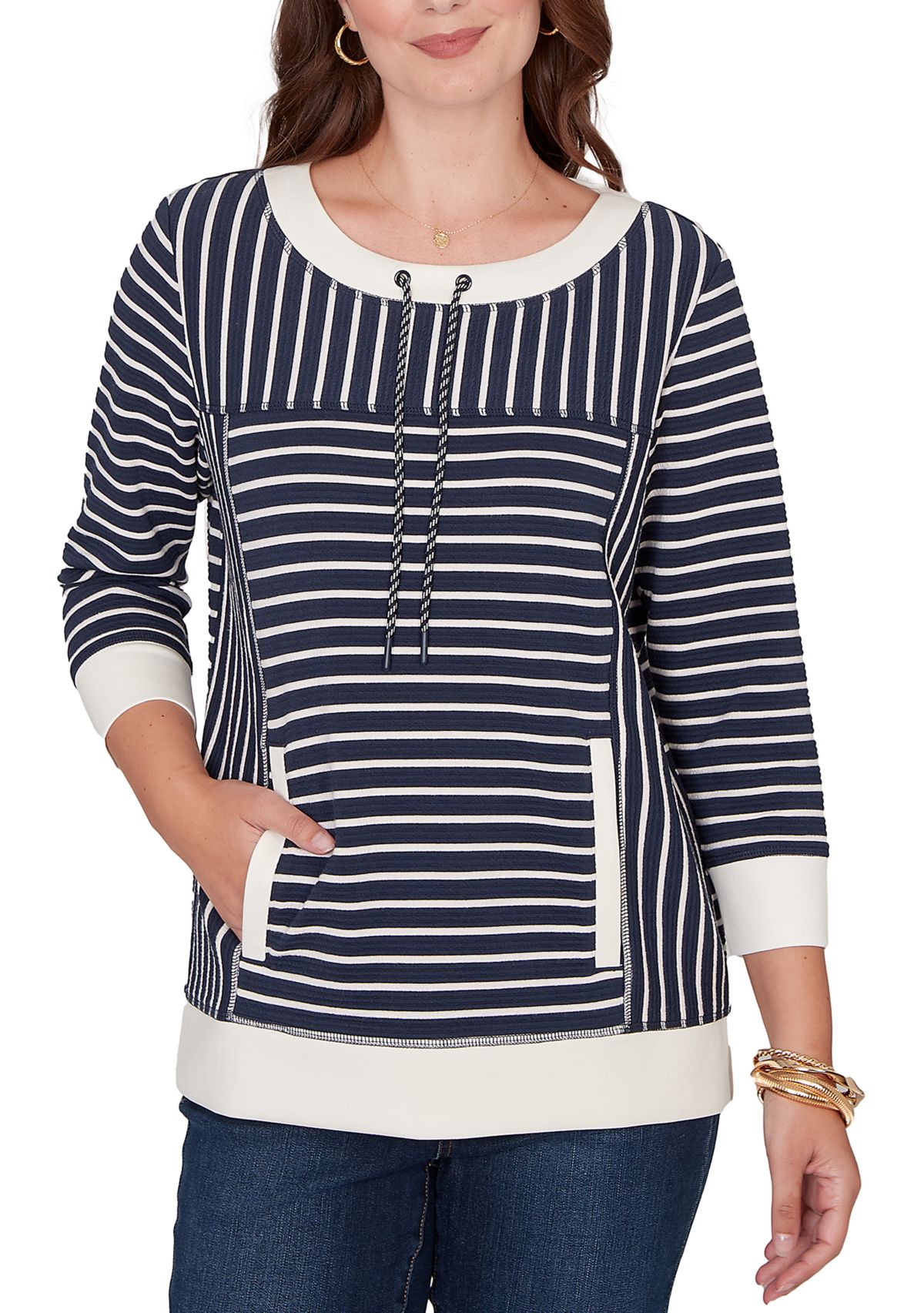 Womens 3/4 Sleeve Striped Popover Pocket Top