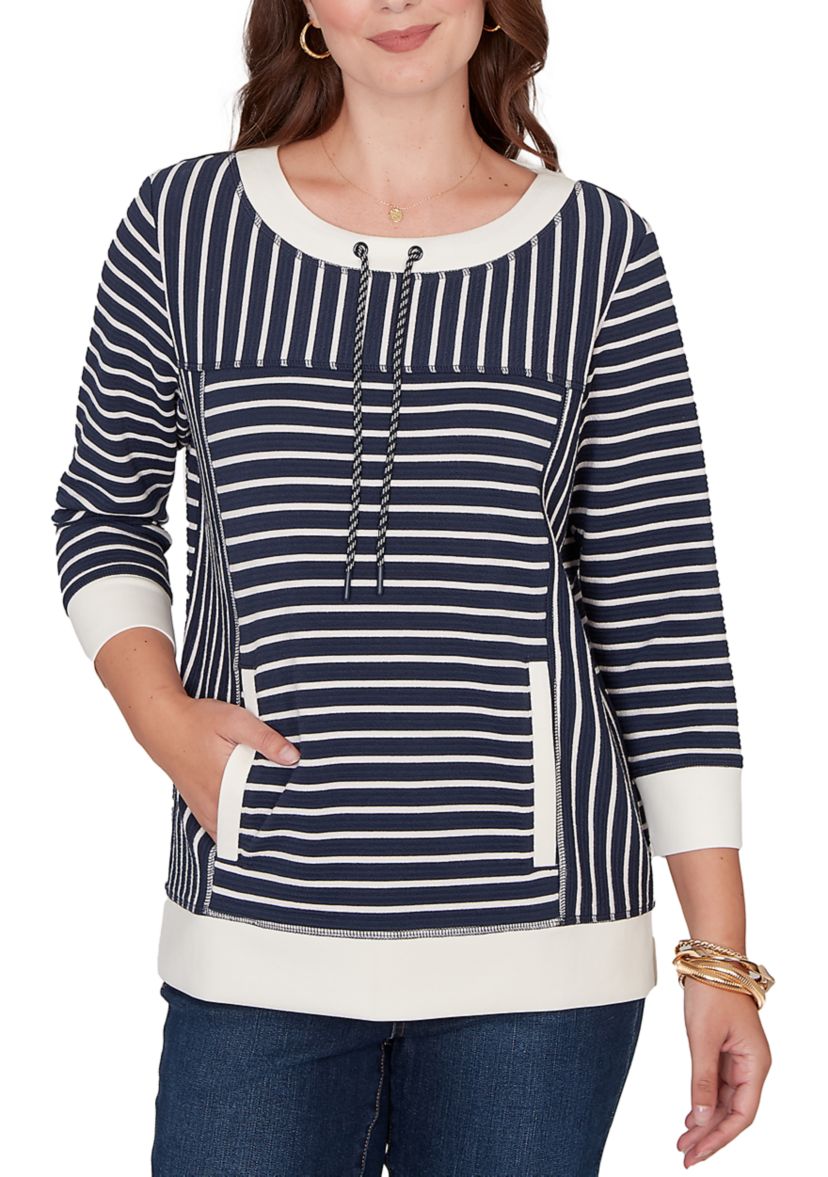 Womens 3/4 Sleeve Striped Popover Pocket Top