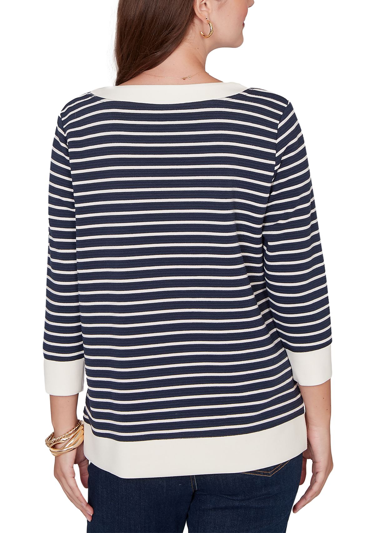 Womens 3/4 Sleeve Striped Popover Pocket Top