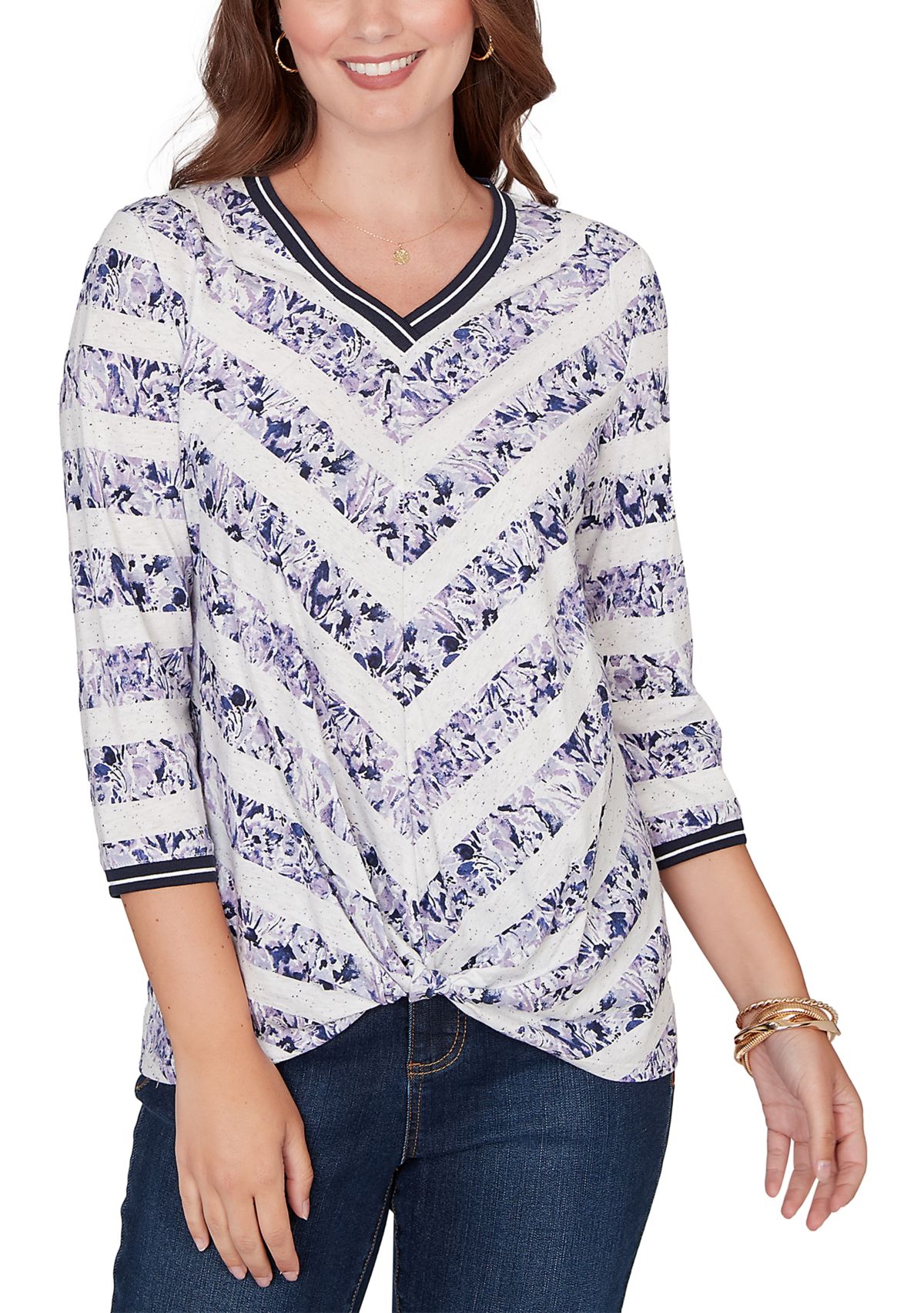 Womens 3/4 Sleeve Floral Striped Twist Front Knit Top