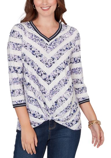 Women's 3/4 Sleeve Floral Striped Twist Front Knit Top