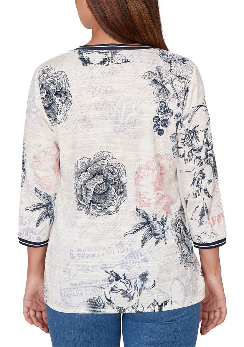 Womens Botanical Stamp Knit Twist Front Top