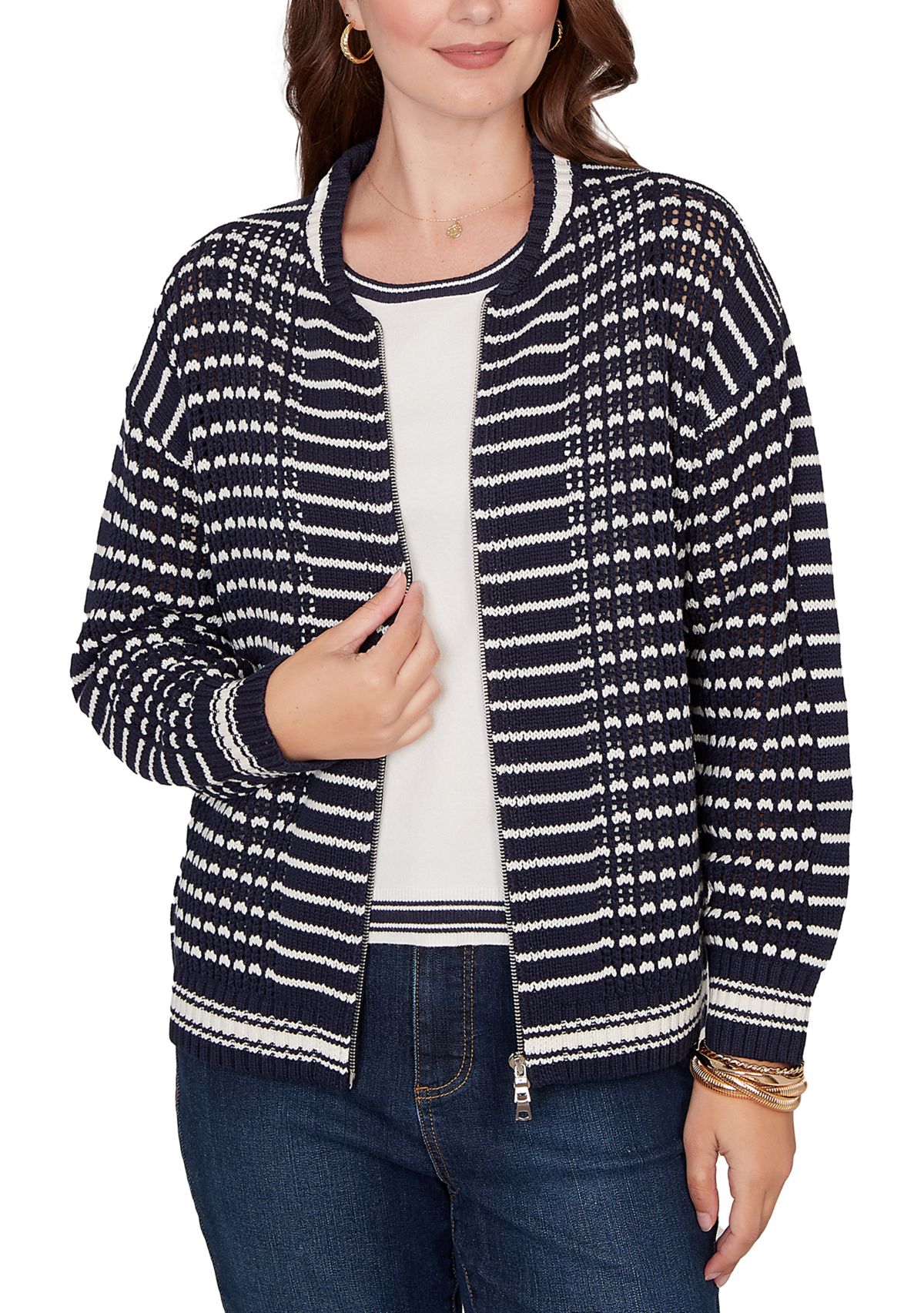 Womens  Mesh Stitch Zip Sweater Jacket