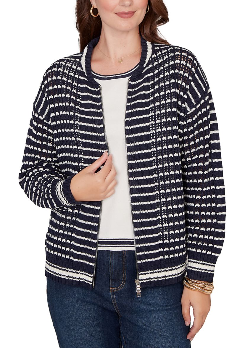 Womens  Mesh Stitch Zip Sweater Jacket