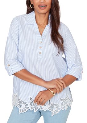 Ruby Rd Women's Coastal Stripe Lace-Hem Henley Top