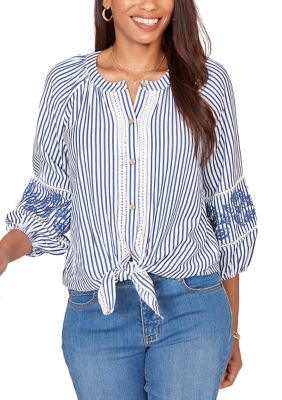 Ruby Rd Women's Embroidered Seersucker Tie Front Henley Top, Medium