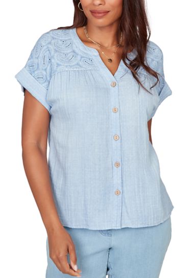 Ruby Rd Women's Embroidered Seersucker Tie Front Henley Top | Belk