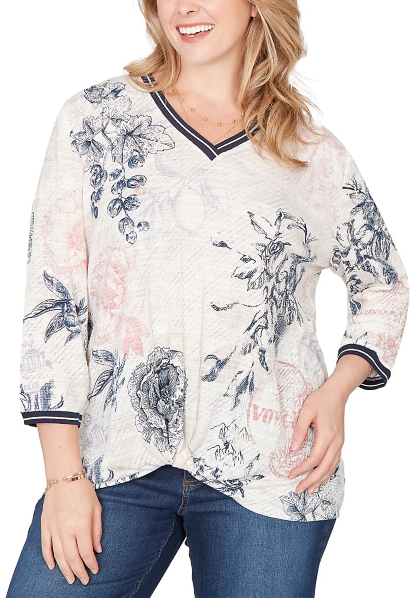 Plus Size Botanical Stamp Knit Twist Front Top