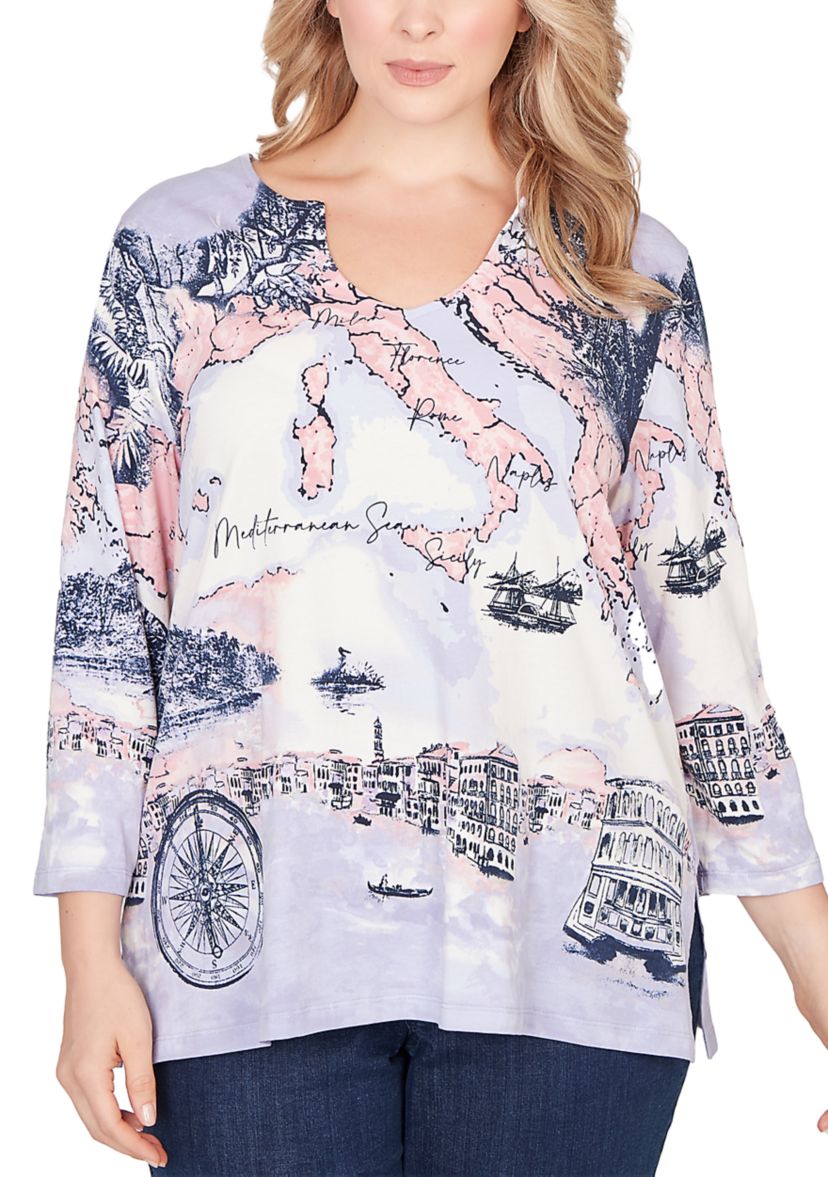 Plus Size Coastal Sketch Cotton Top