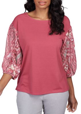 Ruby Rd Women's Boat Neck Top with Swirl Paisley Print Sleeves