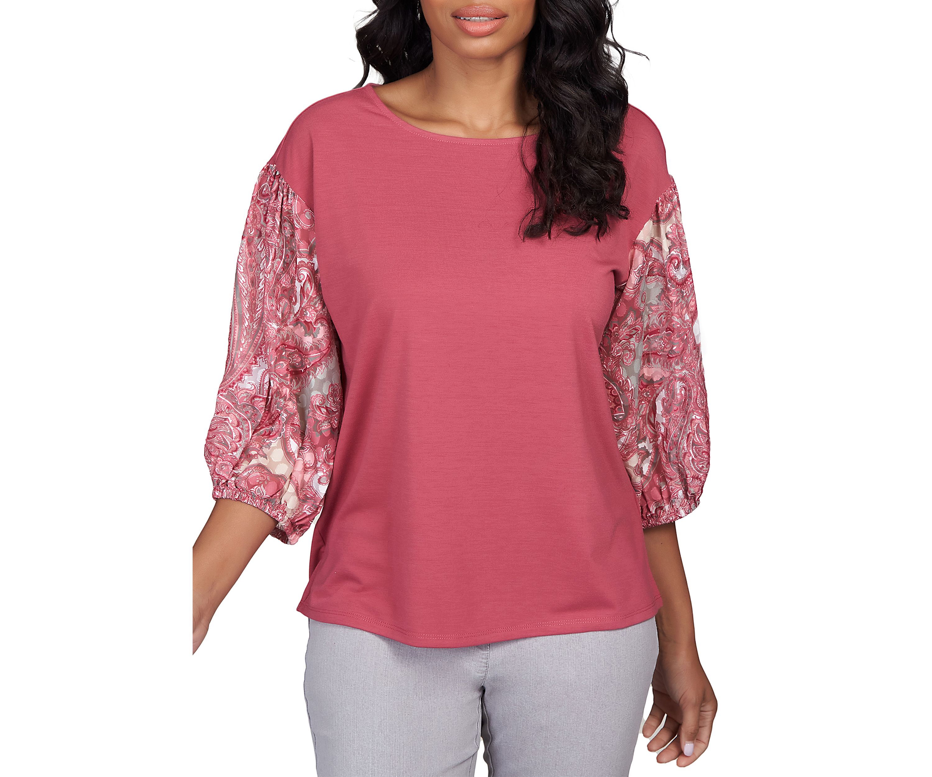Womens Boat Neck Top with Swirl Paisley Print Sleeves