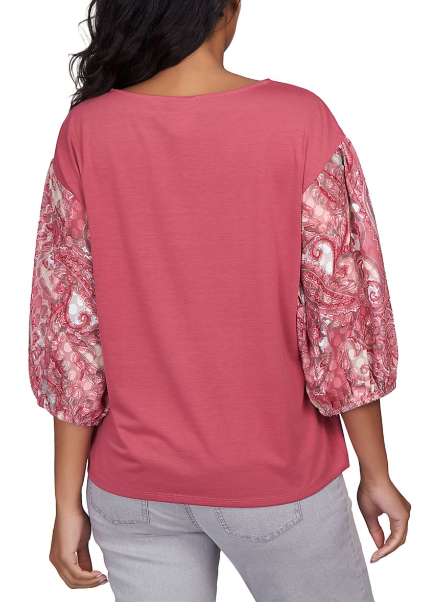 Womens Boat Neck Top with Swirl Paisley Print Sleeves