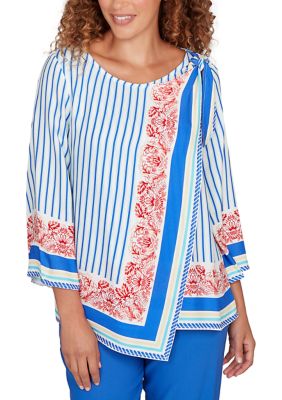 Ruby Rd Women's Striped Scarf Print Tie Shoulder Top | Belk