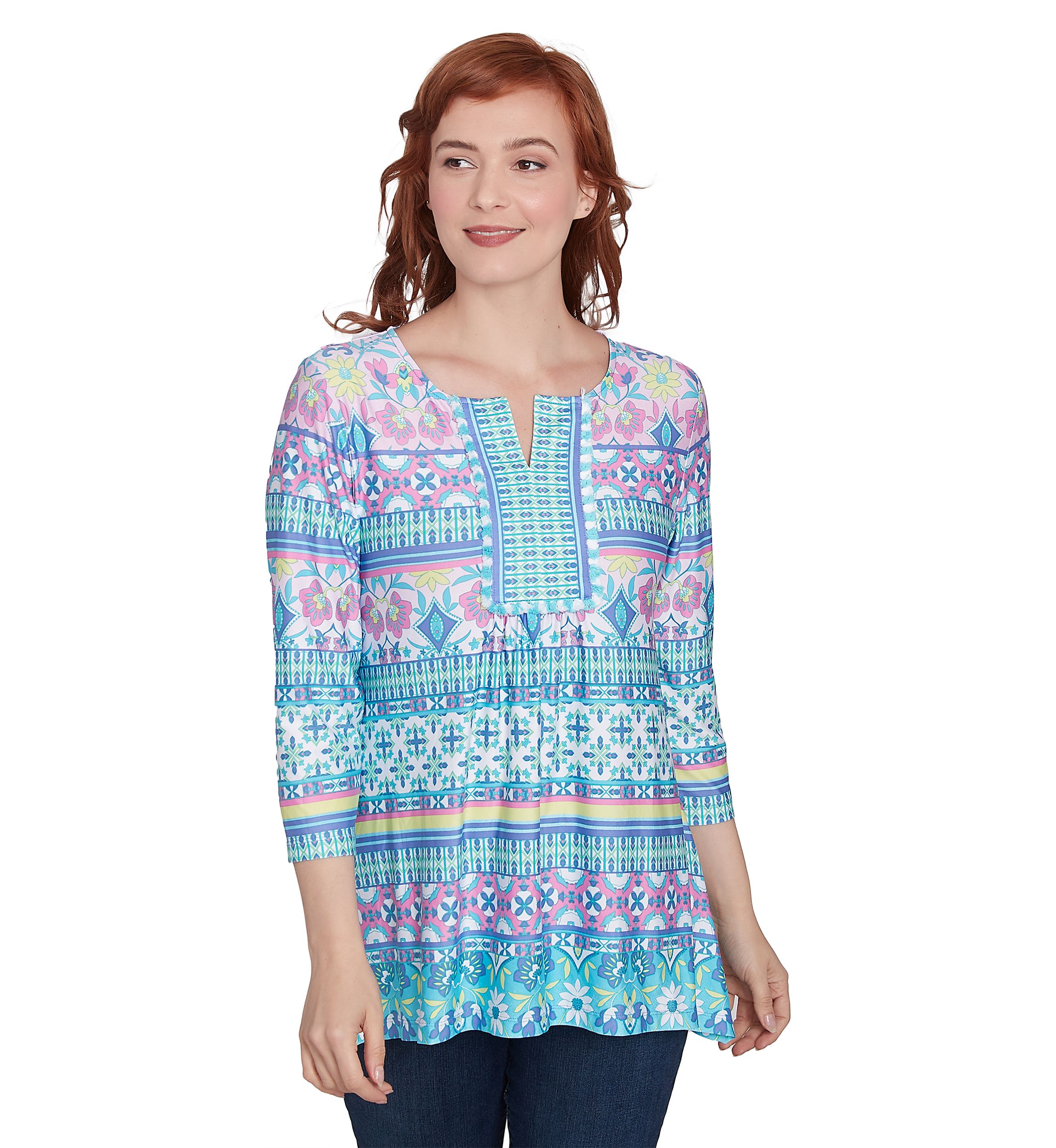 Womens Scoop Neck Stripe Garden Floral Printed SharkBite Knit Top