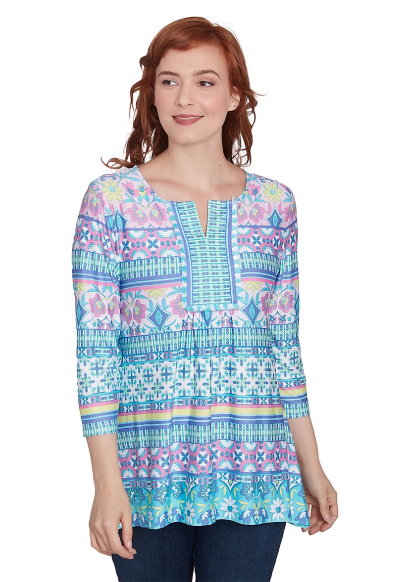 Womens Scoop Neck Stripe Garden Floral Printed SharkBite Knit Top