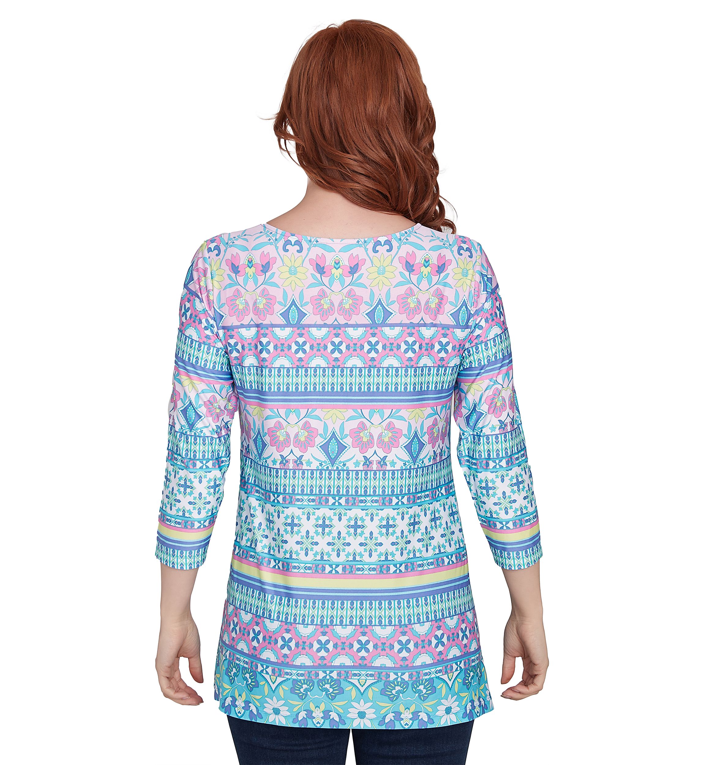 Womens Scoop Neck Stripe Garden Floral Printed SharkBite Knit Top
